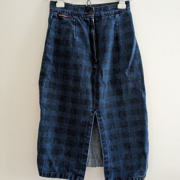 Checkered Blue Jean Skirt Midi with Slit - Picture 1 of 5
